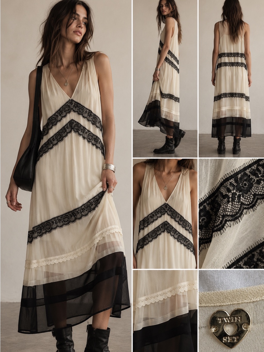 Twin-Set Cream Maxi Dress with Black Lace Chevron Trim